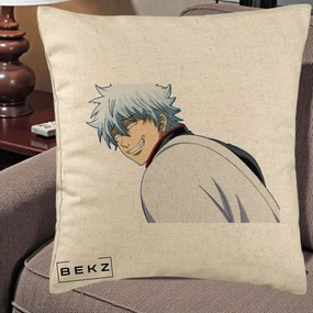 Perna Personalizata Gintama Gintoki Portret cu Zambet, 40x40 cm, Bej, Husa Detasabila, Perna Inclusa, BEKZ®