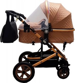 Carucior nou nascuti 3 in 1 Baby Care™ PRO 530, Cu geanta bebe, Cadru Aluminiu Gold, Amortizoare, Roti din cauciuc plin AVE, Landou, Scoica auto,