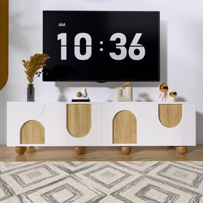 Comodă TV cu 4 uși, design minimalist cu aspect de lemn și finisaj alb, 175x38x50 cm, Culoare naturală+Alb