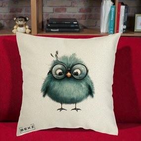 Perna Decorativa Pui Teal cu Ochelari Rotunzi, 40x40 cm, Ecru, Husa Detasabila, Perna Inclusa, BEKZ®