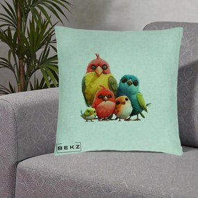 Perna Decorativa Familie de Pasarele Colorate, 40x40 cm, Verde Menta, Husa Detasabila, Perna Inclusa, BEKZ®