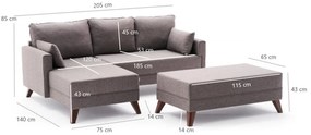 Coltar Modular pe Stanga cu Taburet, Cadru Lemn de Brad, Bella Mini, Gri