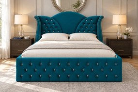 Pat tapițat Chesterfield din catifea Velora Cristal 140×200 cm, turcoaz, cu ladă de depozitare
