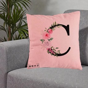 Cadou Personalizat - Perna Personalizata Monograma Florala Litera C, 40x40 cm, Roz, Husa Detasabila, Perna Inclusa, BEKZ®