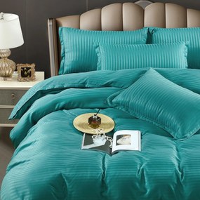 Lenjerie de pat dublu, cu elastic, damasc, turquoise, 6 piese, DME-15