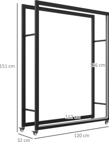 Outsunny Suport Portabil pentru Lemne cu Roți, Suport pentru Lemne din Metal Ranforsat, 120x32x151 cm, Negru | Aosom Romania