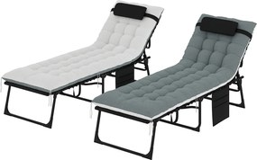 Outsunny Set de 2 șezlonguri, șezlong pliant și reglabil, pernă, tetieră, buzunar lateral, 60x190x31cm, gri | Aosom Romania