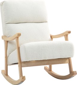 HOMCOM Scaun Balansoar Tapițat din Catifea Teddy, cu Spătar Ergonomic și Picioare din Lemn de Cauciuc, Alb crem | Aosom Romania
