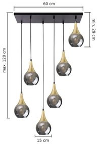 Lustră pe cablu LACRIMA HONEY 6xE27/60W/230V negru/auriu/negru fumuriu
