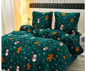 Lenjerie de pat din microplus SNOWMAN AND GINGERBREAK verde + cearsaf din microplus SOFT 90x200 cm negru