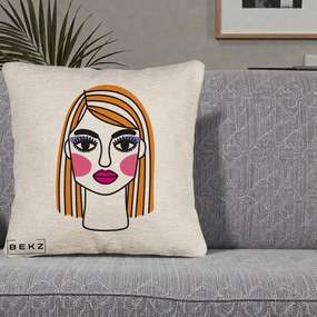 Perna Decorativa Portret Pop Art Fata, 40x40 cm, Bej Canapea, Husa Detasabila, Perna Inclusa, BEKZ®
