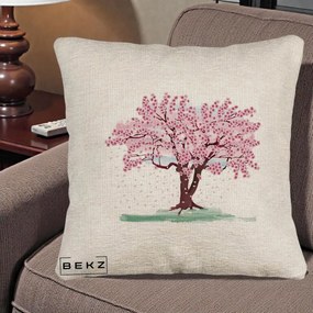 Perna Decorativa Cires Inflorit Acuarela, 40x40 cm, Bej Canapea, Husa Detasabila, Perna Inclusa, BEKZ®