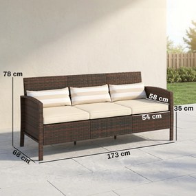 Outsunny Canapea de exterior cu 3 locuri, din ratan PE, cu perne confortabile și detașabile, 173x68x78 cm, maro | Aosom Romania