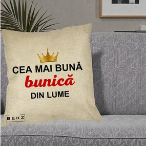 Cadou pentru Bunica - Perna Personalizata Cea Mai Buna Bunica Din Lume Coroana Aurie, 40x40 cm, Crem, Husa Detasabila, Perna Inclusa, BEKZ®