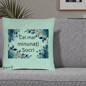 Cadou pentru Socri - Perna Personalizata Cei mai Minunati Socri cu Flori Albastre si Roz, 40x40 cm, Verde Menta, Husa Detasabila, Perna Inclusa, BEKZ®