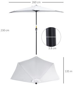 Outsunny Umbrelă Semicirculară de Perete cu Deschidere cu Manivelă și 5 Spițe, 2.6x1.35x2.3 m, Alb | Aosom Romania