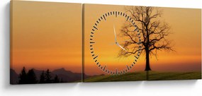 Tablou cu apus de soare pe o luncă (cu ceas) (90x30 cm)