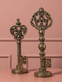 Cheie decorativă din rășină, auriu, mâner dantelat și detalii florale în relief, pe suport rotund, finisaj antichizat, 34.5 x 11 x 10,5 cm, „Seruria”