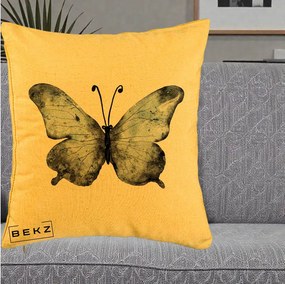 Perna Decorativa Fluture Acuarela Albastru-Gri, 40x40 cm, Galben, Husa Detasabila, Perna Inclusa, BEKZ®