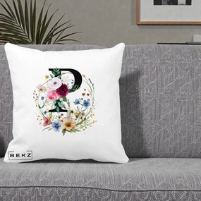 Cadou Personalizat - Perna Personalizata Monogram Litera P cu Flori Acuarela, 40x40 cm, Alba Mata, Husa Detasabila, Perna Inclusa, BEKZ®