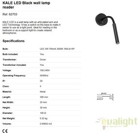Aplica cu reader LED stil modern minimalist KALE neagra 62703