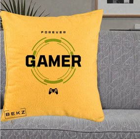 Perna Personalizata Forever Gamer, 40x40 cm, Galben, Husa Detasabila, Perna Inclusa, BEKZ®