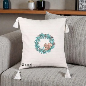 Perna Decorativa Coroana Turcoaz cu Veverita, 40x40 cm, Bej cu Franjuri, Husa Detasabila, Perna Inclusa, BEKZ®