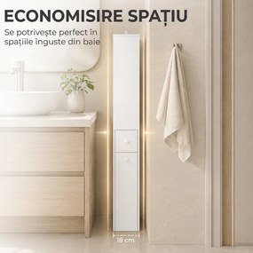 HOMCOM Dulap Baie Slim cu Organizator Glisant pe Roți, Sertar și Raft Reglabil, MDF, 18 x 40 x 135 Cm, Alb | Aosom Romania