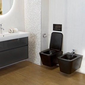 Set vas WC suspendat negru mat, rimless cu capac quick release si soft close, Fluminia Paris