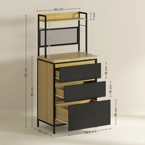 HOMCOM Dulap de bucătărie stil industrial cu 3 sertare, blat, raft și 4 cârlige, 60x40x132cm | Aosom Romania