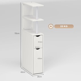 HOMCOM Dulap de Baie Subțire cu Sertare și Rafturi, Dulap de Baie Economisitor de Spațiu cu Sertar pe Roți, Coloană de Baie pentru Sufragerie, 20x45x115 cm, Alb | Aosom Romania