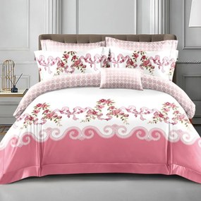 Lenjerie de pat cu elastic, policoton, pat 2 persoane, alb / roz, 4 piese, E-56