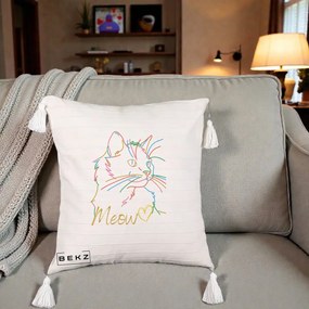 Perna Personalizata Pisica Meow Arta Linie Colorata, 40x40 cm, Bej cu Franjuri, Husa Detasabila, Perna Inclusa, BEKZ®