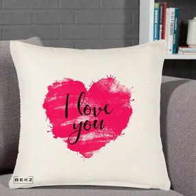 Cadou Romantic - Perna Personalizata I Love You Inima Roz, 40x40 cm, Crem Reliefat, Husa Detasabila, Perna Inclusa, BEKZ®