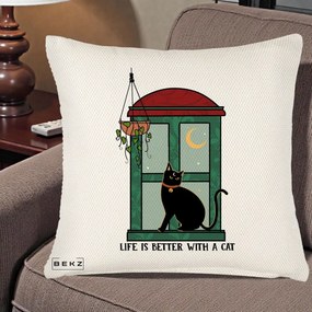 Perna Personalizata Life is Better with a Cat Geam, 40x40 cm, Crem Reliefat, Husa Detasabila, Perna Inclusa, BEKZ®