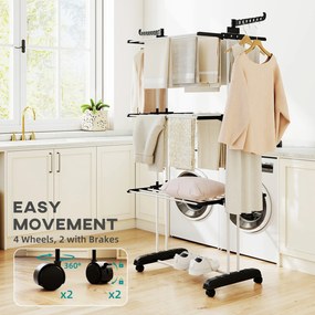 HOMCOM Uscător de Rufe Tip Turn cu 4 Niveluri, Suport pentru Uscat Rufe cu Aripi Laterale Pivotante și 4 Roți, 73x64x177 cm, Negru