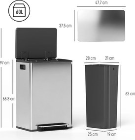 HOMCOM Coș de Gunoi cu 2 Compartimente de 30L, Pedală și Capac Silențios, 47,7x37,5x66,8 cm, Argintiu | Aosom Romania