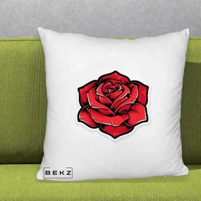 Perna Decorativa Trandafir Rosu Tattoo, 40x40 cm, Alb Pufos, Husa Detasabila, Perna Inclusa, BEKZ®