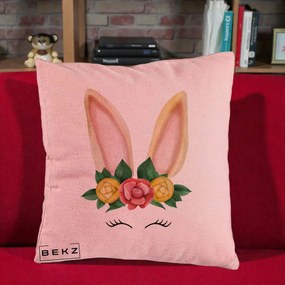 Perna Decorativa Iepuras Flori Urechi Pastelui, 40x40 cm, Roz, Husa Detasabila, Perna Inclusa, BEKZ®