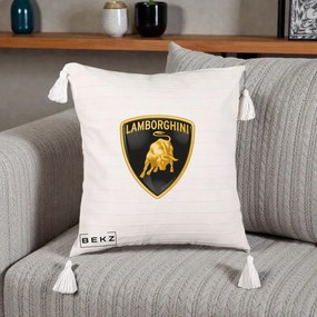 Perna Personalizata cu emblema Lamborghini, 40x40 cm, Bej cu Franjuri, Husa Detasabila, Perna Inclusa, BEKZ®
