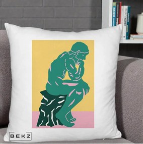 Perna Decorativa Ganditorul Sculptura Pop Art, 40x40 cm, Alb Pufos, Husa Detasabila, Perna Inclusa, BEKZ®