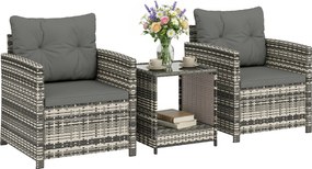 Outsunny Set mobilier exterior 3 piese din rășină împletită, masă și 2 fotolii cu perne, 62x65x75 cm, Gri deschis | Aosom Romania