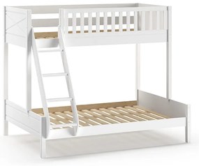 Pat suprapus familie pentru copii SCOTT, alb, 140 x 200 cm + 90 x 200 cm, din pin scandinav masiv, cu 2 sertare pentru depozitare – Vipack