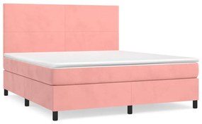 Pat box spring cu saltea, roz, 160x200 cm, catifea Roz, 160 x 200 cm, Design simplu