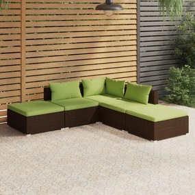 Set mobilier de gradina cu perne, 5 piese, maro, poliratan maro si verde, Colt + 2x mijloc + 2x suport pentru picioare, 1