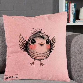 Perna Decorativa Pasare Gri cu Aripi si Inimioare, 40x40 cm, Roz, Husa Detasabila, Perna Inclusa, BEKZ®