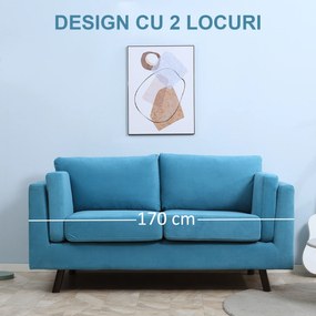 HOMCOM Canapea cu 2 locuri , moderna si economisitoare de spatiu,  din material textil cu efect de catifea, 170x90x85 cm, albastru | AOSOM RO