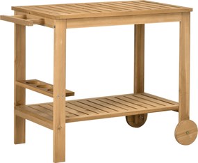 Outsunny Carucior de Grădină cu Roți din Lemn de Brad, Carucior de Servire cu Rafturi din Șipci, 2 Rafturi, 3 Suporturi pentru Sticle și Mâner, pentru Grădină Terasă Patio 95x47x74 cm, Culoare Lemn | Aosom Romania