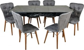Set masa extensibila cu 6 scaune tapitate Homs cristal  negru-gri 170 x 80 cm