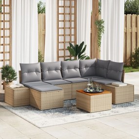 vidaXL Set de canapea pentru grădină, 7 piese, cu perne, bej, din poly rattan și acacia